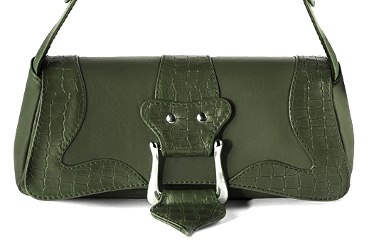 Small dressy baguette bag in forest green leather - Profile view